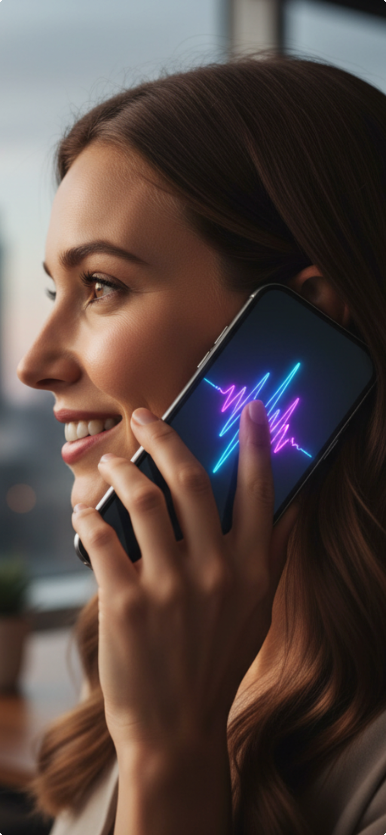 Phona voice AI phone assistant answering a business call, showing real-time transcription and caller details