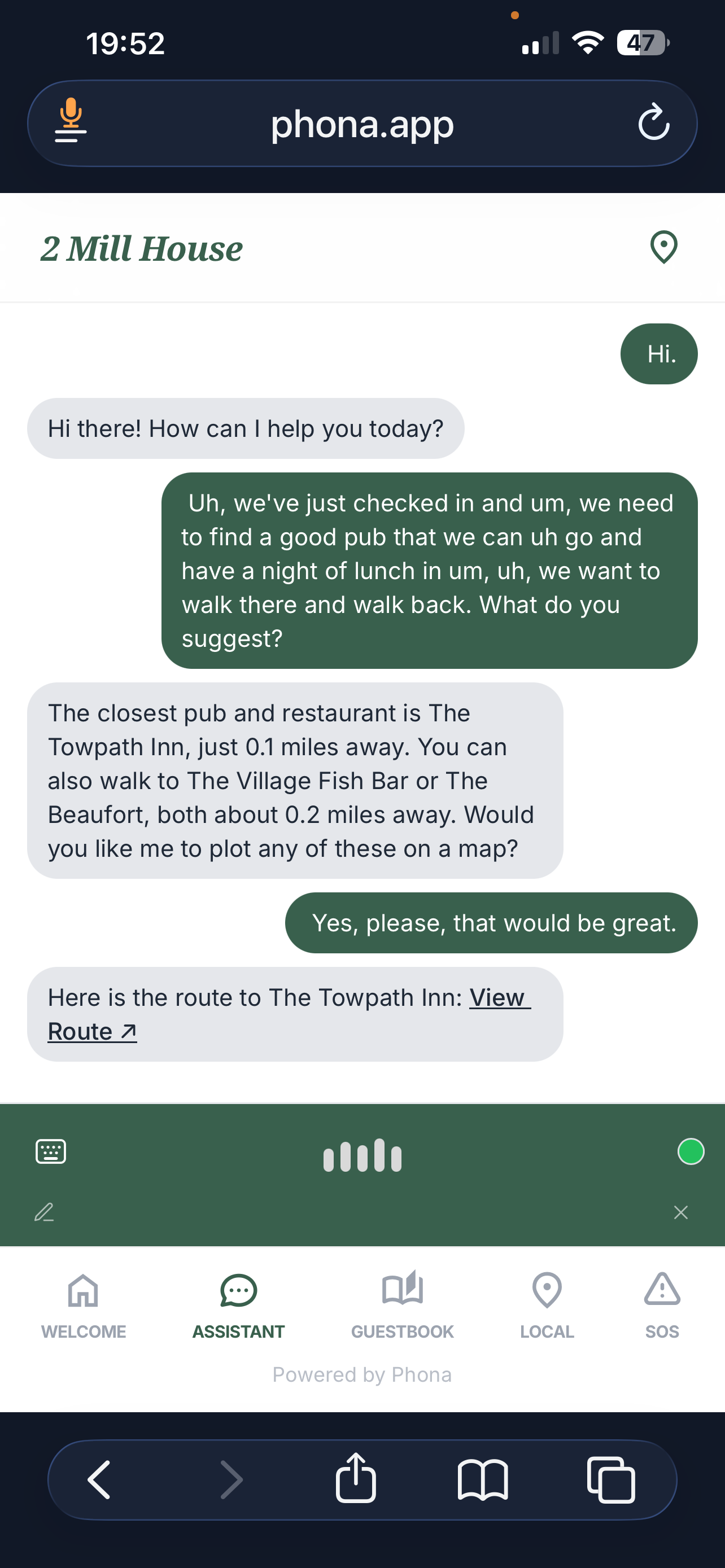 Assistant tab: voice AI conversation with local pub recommendations and Google Maps link