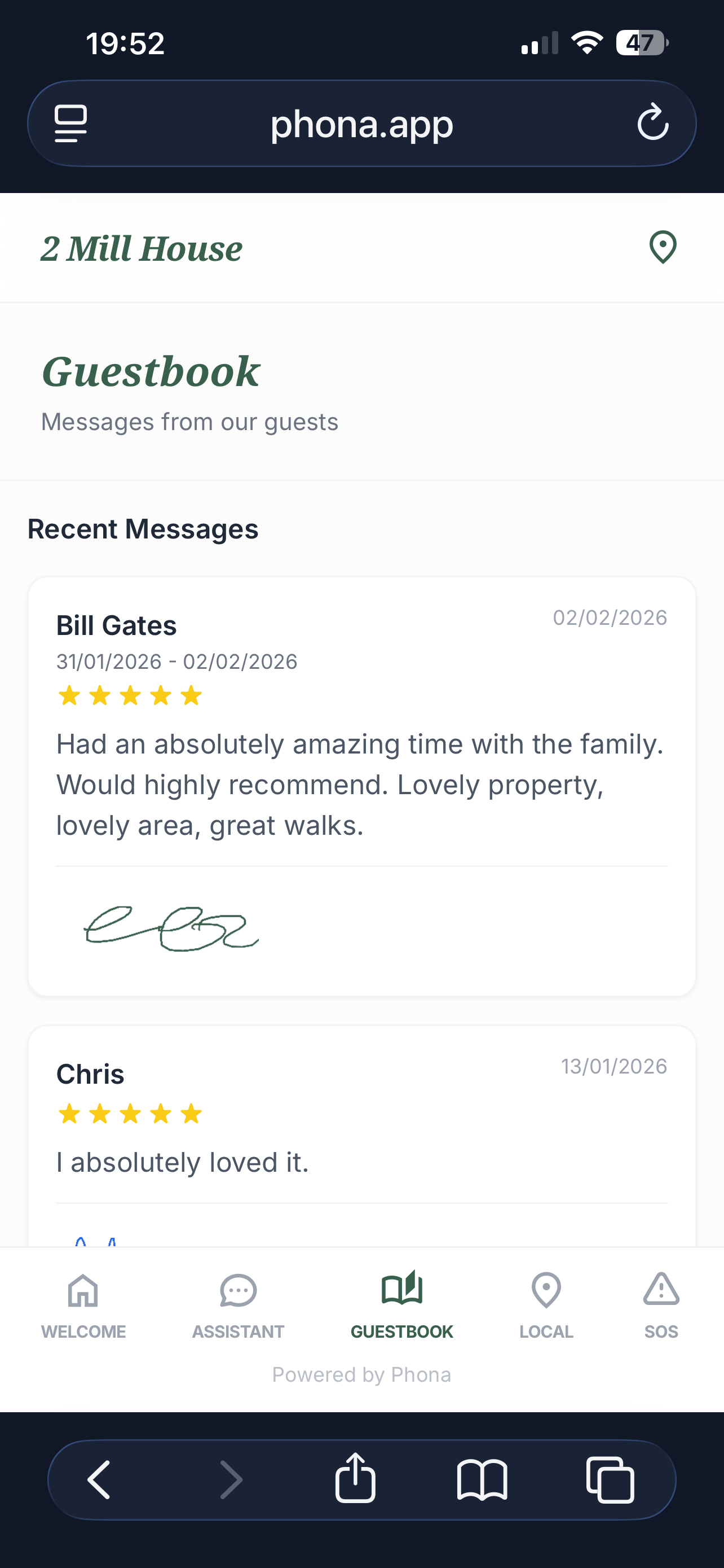 Guestbook tab: guest reviews with star ratings, messages, and hand-drawn signatures