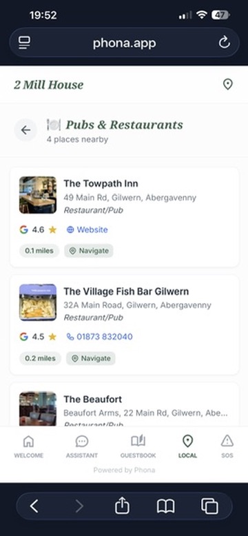 Local detail: list of nearby pubs and restaurants with Google ratings, phone numbers, and navigate links